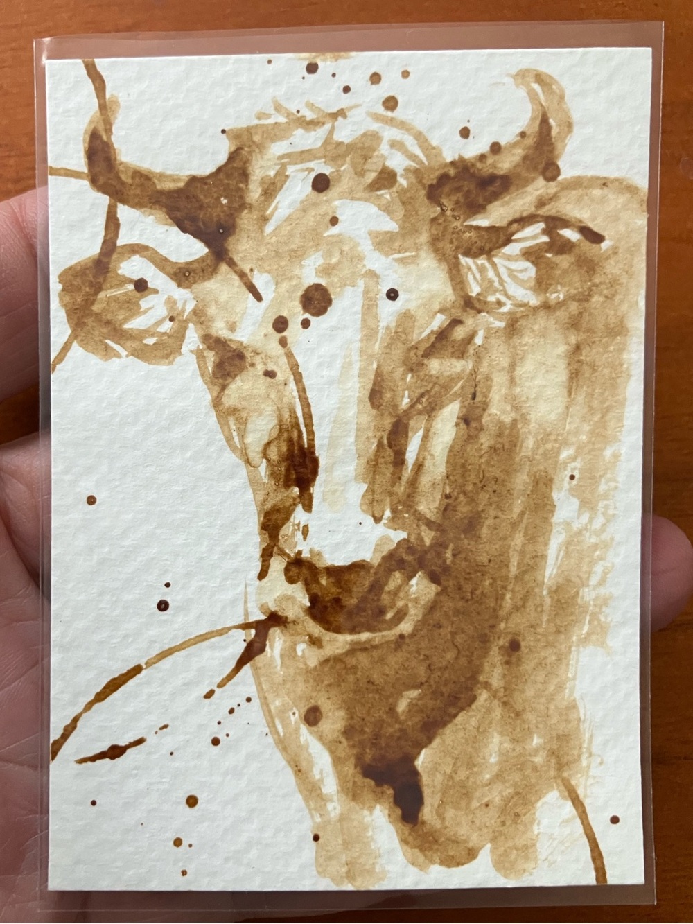 Aceo original coffee cow painting atc farm gift art collectible Artettina